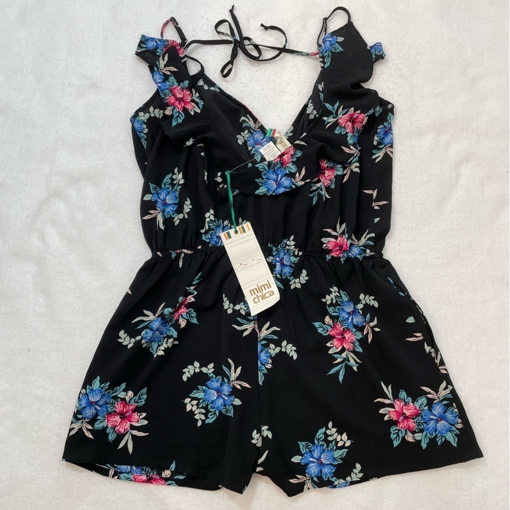 NWT Floral faux wrap blue romper adjustable spaghetti straps with ruffles XL - Picture 6 of 8